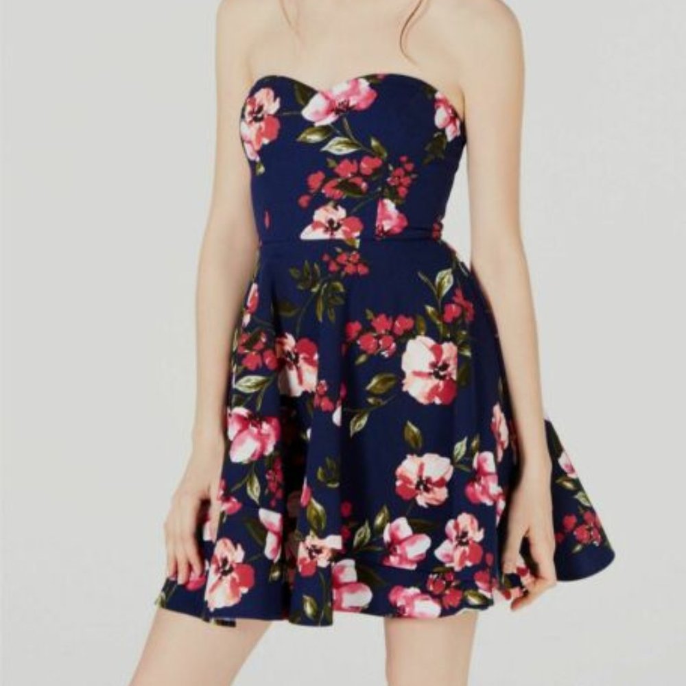 B Darlin Juniors' Blue Red Floral Strapless 5/6